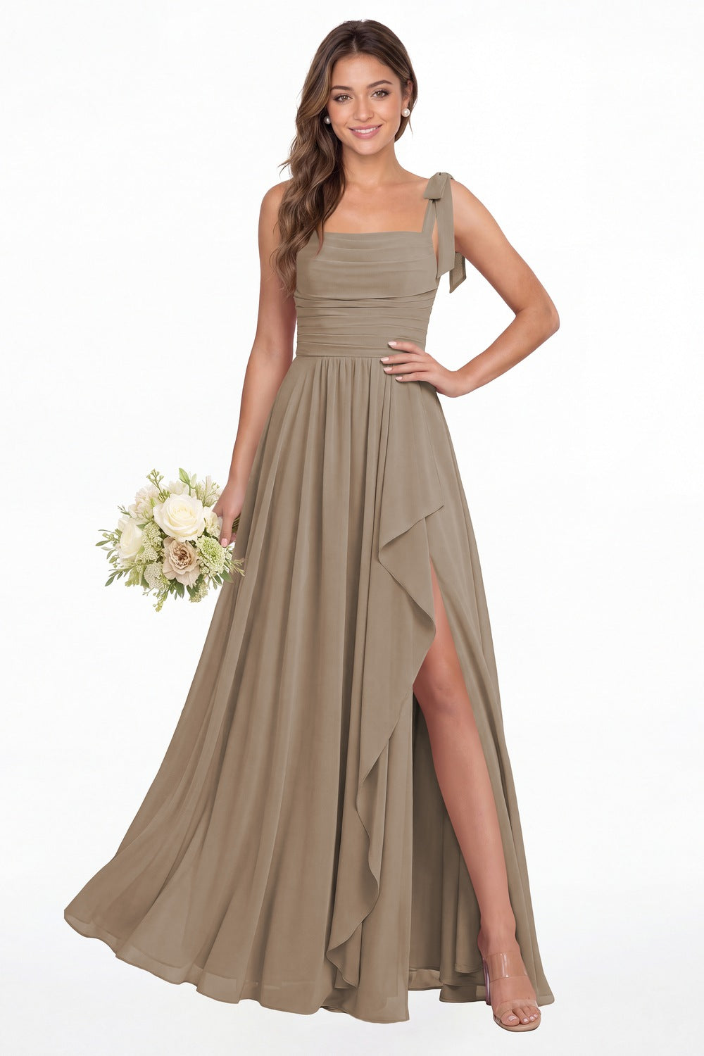 Taupe Square Neck Tie Strap Ruched Chiffon Ruffle Slit Maxi Gown - Front View