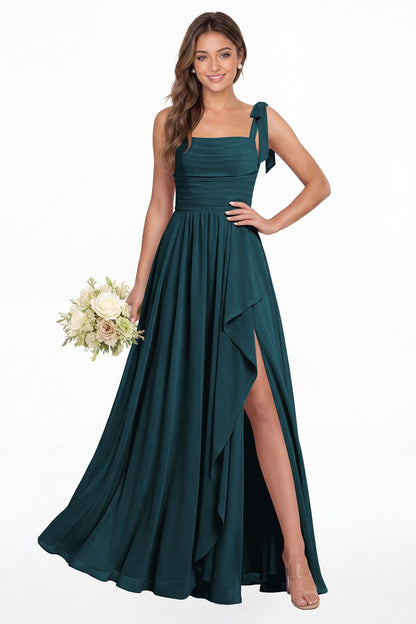 Teal Square Neck Tie Strap Ruched Chiffon Ruffle Slit Maxi Gown - Front View