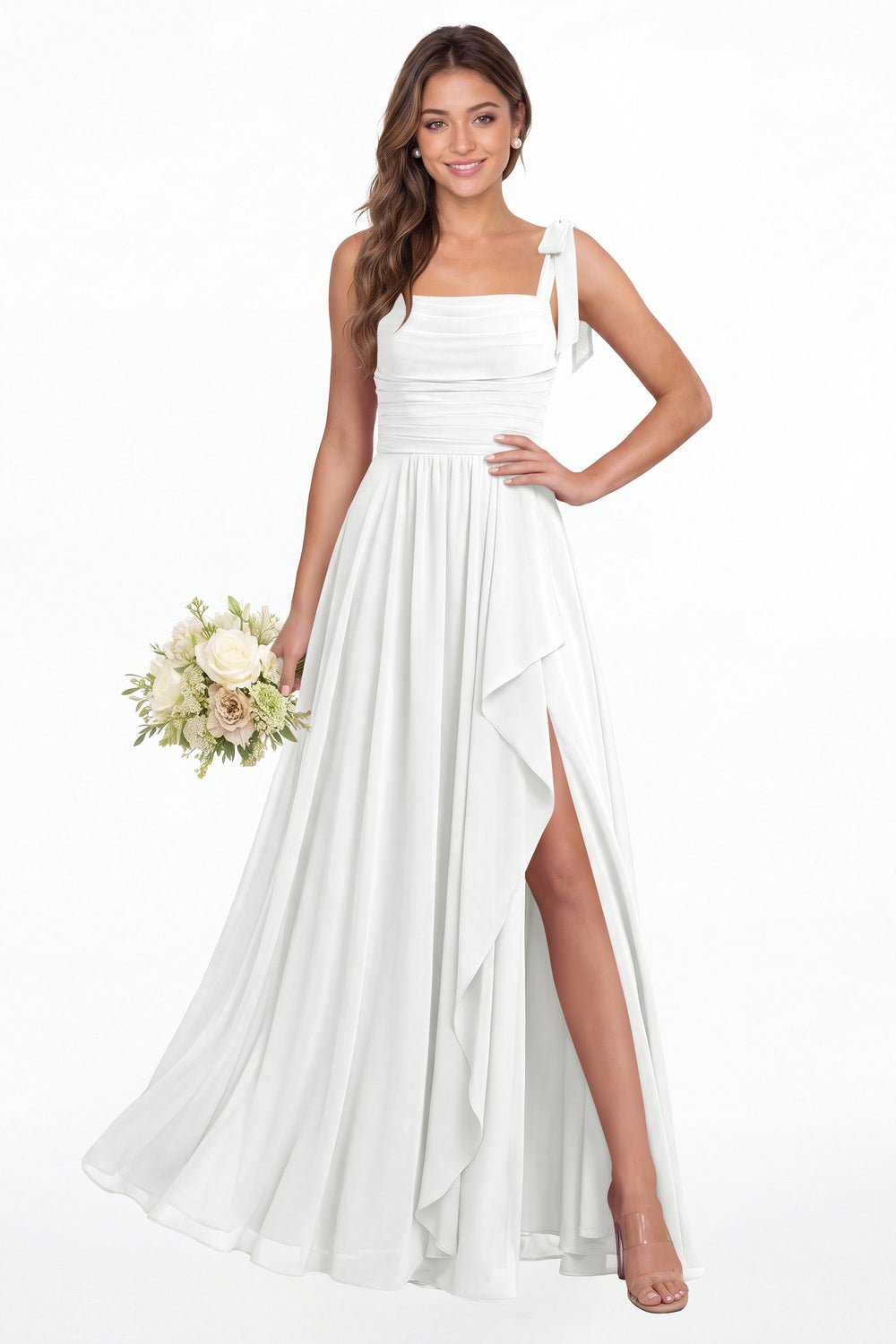 White Square Neck Tie Strap Ruched Chiffon Ruffle Slit Maxi Gown - Front View