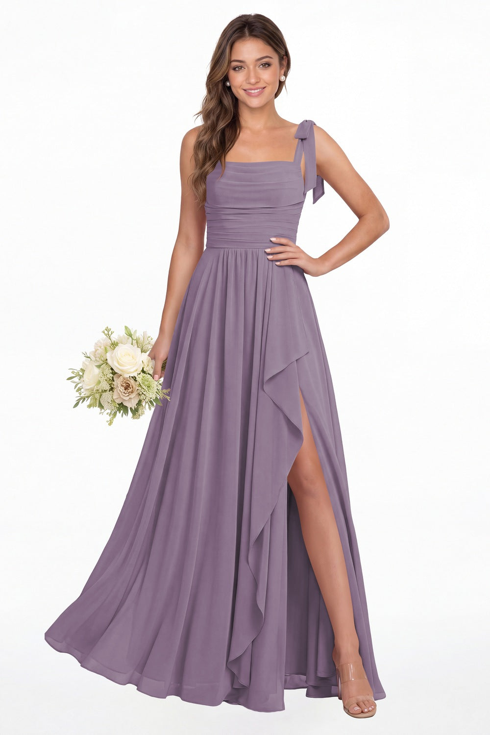Wisteria Square Neck Tie Strap Ruched Chiffon Ruffle Slit Maxi Gown - Front View