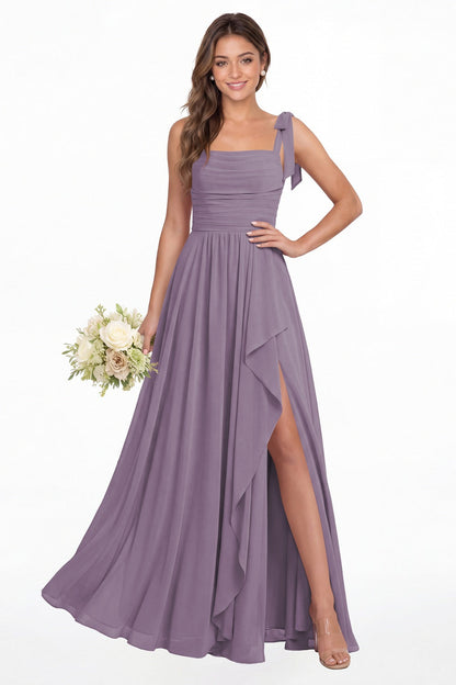 Wisteria Square Neck Tie Strap Ruched Chiffon Ruffle Slit Maxi Gown - Front View