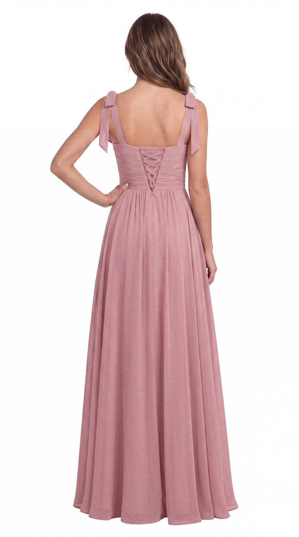 Square Neck Tie Strap Ruched Chiffon Ruffle Slit Maxi Gown - Back View