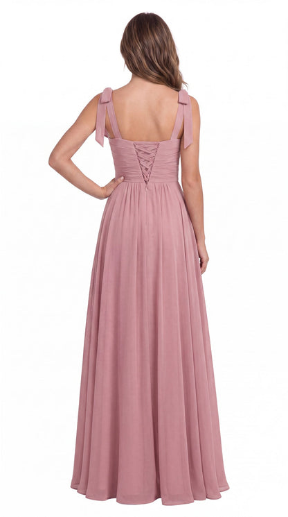 Square Neck Tie Strap Ruched Chiffon Ruffle Slit Maxi Gown - Back View