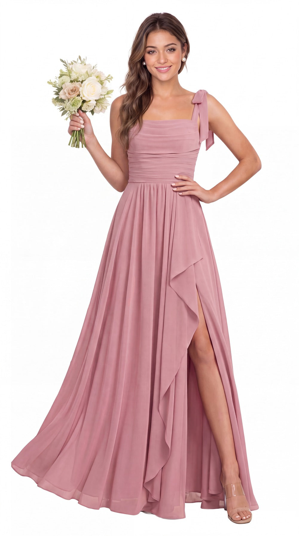 Square Neck Tie Strap Ruched Chiffon Ruffle Slit Maxi Gown - Detail View 1