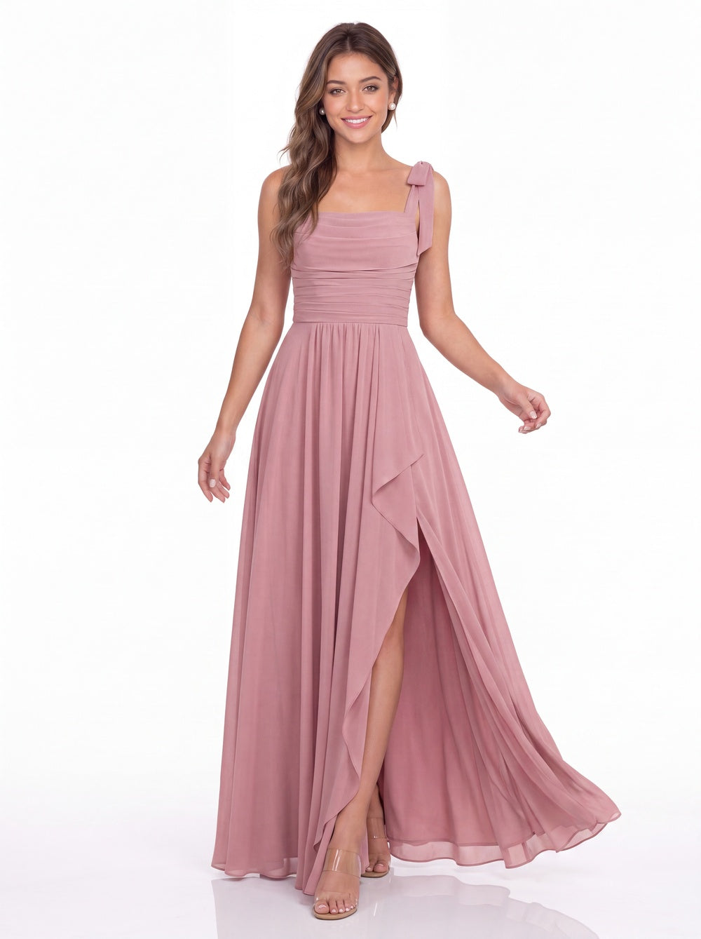 Square Neck Tie Strap Ruched Chiffon Ruffle Slit Maxi Gown - Detail View 2