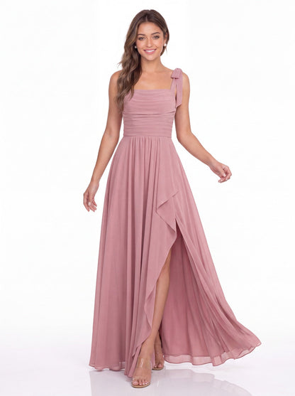 Square Neck Tie Strap Ruched Chiffon Ruffle Slit Maxi Gown - Detail View 2