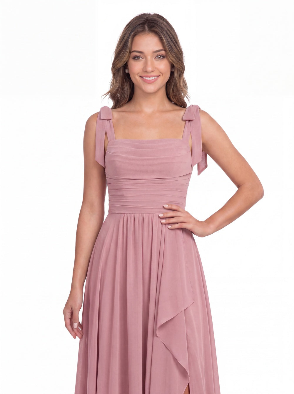Square Neck Tie Strap Ruched Chiffon Ruffle Slit Maxi Gown - Detail View 3