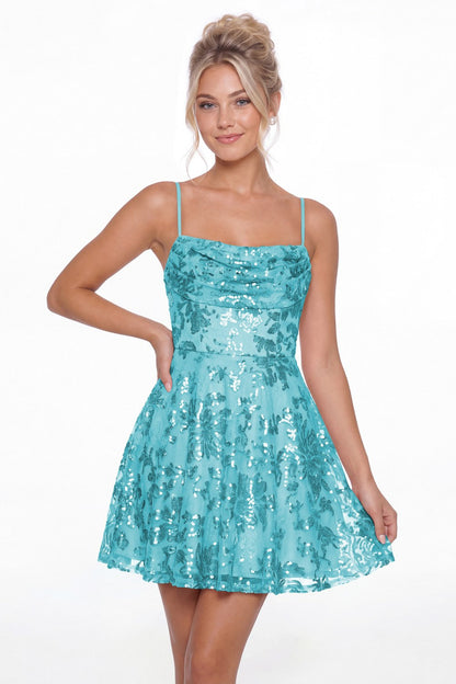 Aqua Blue Cowl Neck Sequin A-Line Mini Homecoming Dress - Front View