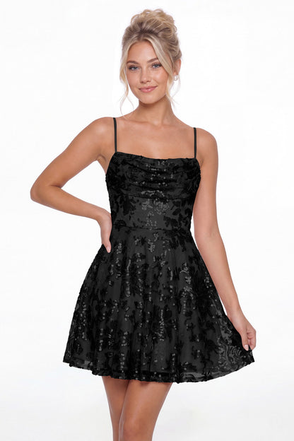 Black Cowl Neck Sequin A-Line Mini Homecoming Dress - Front View