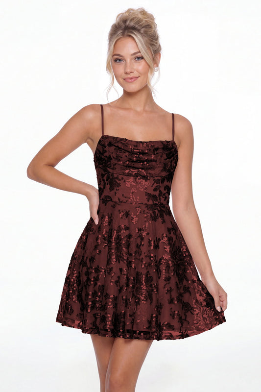 Burgundy Cowl Neck Sequin A-Line Mini Homecoming Dress - Front View