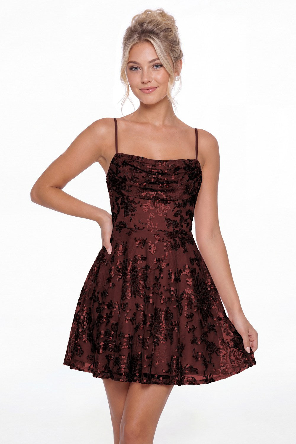 Burgundy Cowl Neck Sequin A-Line Mini Homecoming Dress - Front View