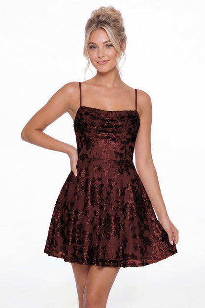 Burgundy Cowl Neck Sequin A-Line Mini Homecoming Dress - Front View
