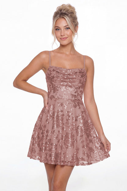 Dusty Rose Cowl Neck Sequin A-Line Mini Homecoming Dress - Front View