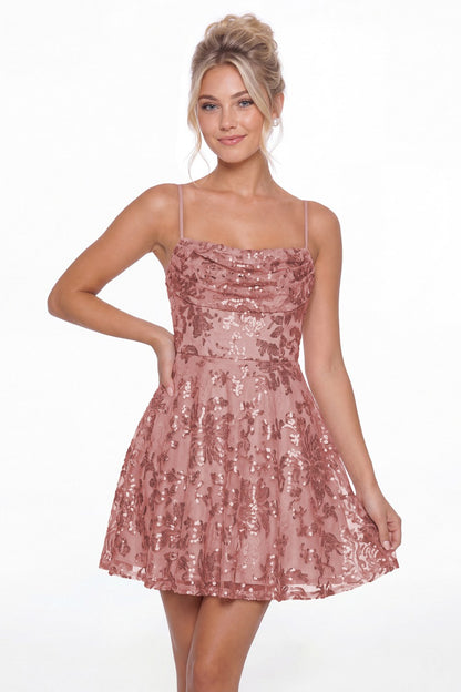 Dusty Rose Cowl Neck Sequin A-Line Mini Homecoming Dress - Front View