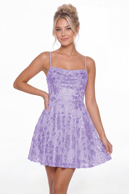 Lavender Cowl Neck Sequin A-Line Mini Homecoming Dress - Front View
