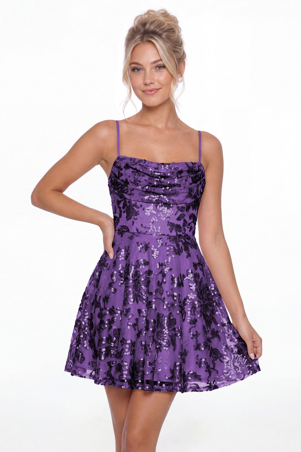 Purple Cowl Neck Sequin A-Line Mini Homecoming Dress - Front View