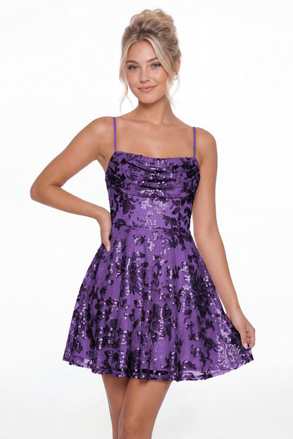 Purple Cowl Neck Sequin A-Line Mini Homecoming Dress - Front View
