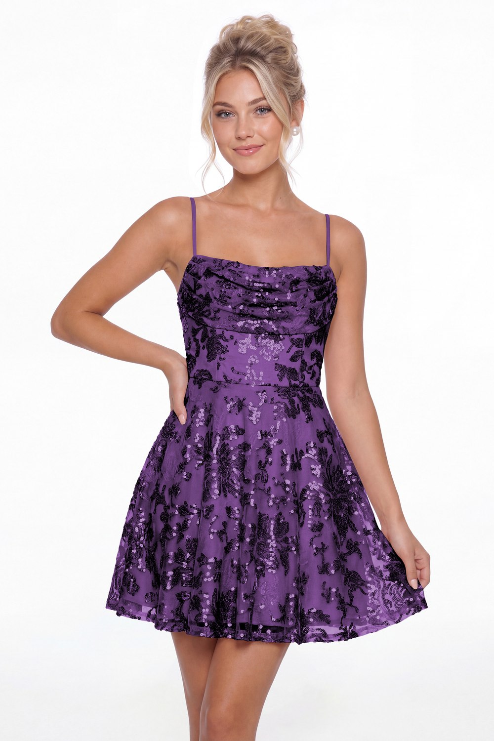 Purple Cowl Neck Sequin A-Line Mini Homecoming Dress - Front View