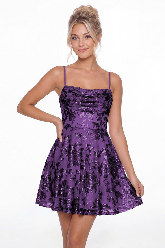 Purple Cowl Neck Sequin A-Line Mini Homecoming Dress - Front View
