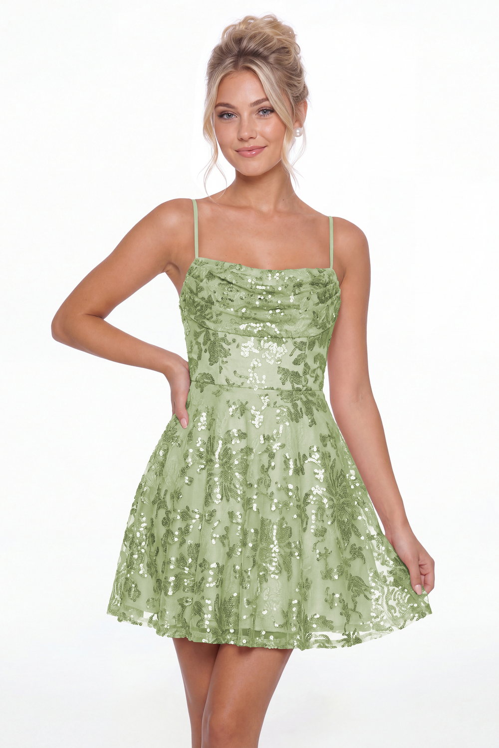 Sage Green Cowl Neck Sequin A-Line Mini Homecoming Dress - Front View