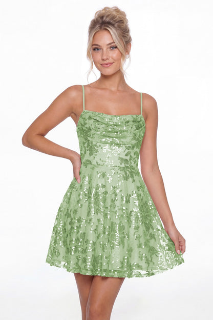 Sage Green Cowl Neck Sequin A-Line Mini Homecoming Dress - Front View