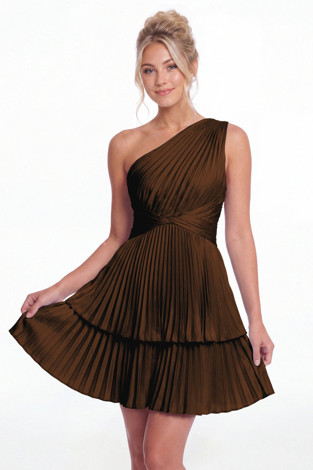 Brown One Shoulder Pleated Tiered Satin Mini Dress - Front View