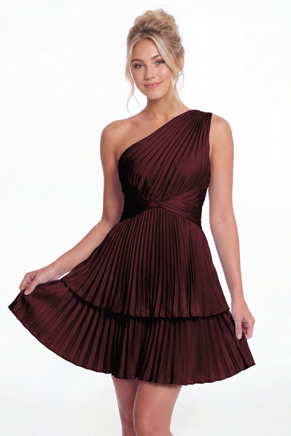 Burgundy One Shoulder Pleated Tiered Satin Mini Dress - Front View