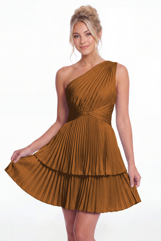 Burnt Orange One Shoulder Pleated Tiered Satin Mini Dress - Front View