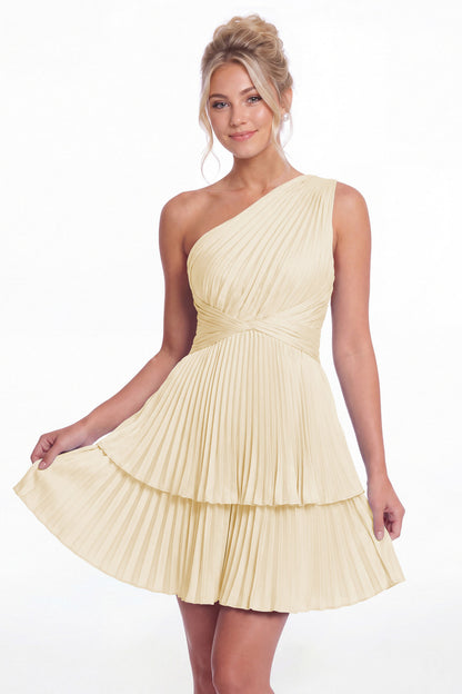 Champagne One Shoulder Pleated Tiered Satin Mini Dress - Front View