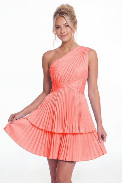 Coral One Shoulder Pleated Tiered Satin Mini Dress - Front View