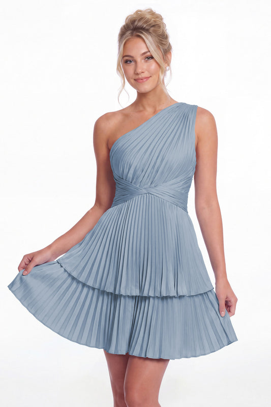 Dusty Blue One Shoulder Pleated Tiered Satin Mini Dress - Front View