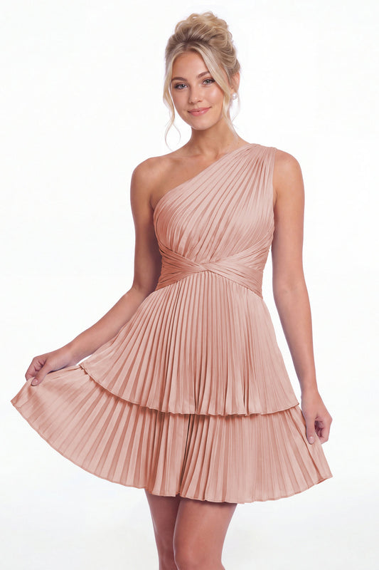 Dusty Rose One Shoulder Pleated Tiered Satin Mini Dress - Front View