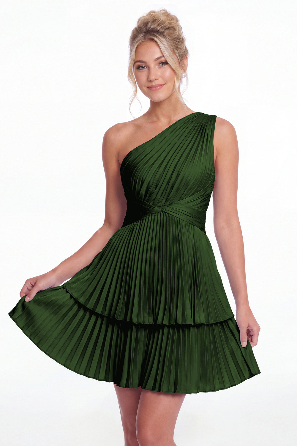 Emerald Green One Shoulder Pleated Tiered Satin Mini Dress - Front View
