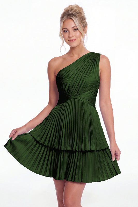 Emerald Green One Shoulder Pleated Tiered Satin Mini Dress - Front View