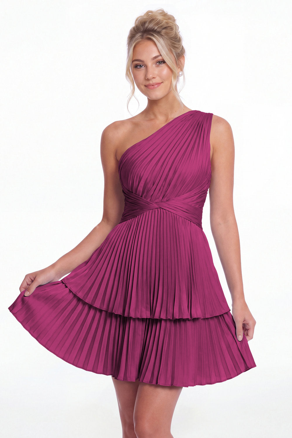 Fuchsia One Shoulder Pleated Tiered Satin Mini Dress - Front View