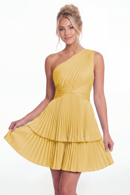 Gold One Shoulder Pleated Tiered Satin Mini Dress - Front View