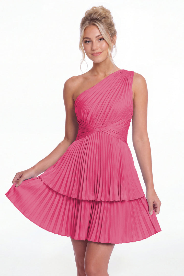 Hot Pink One Shoulder Pleated Tiered Satin Mini Dress - Front View