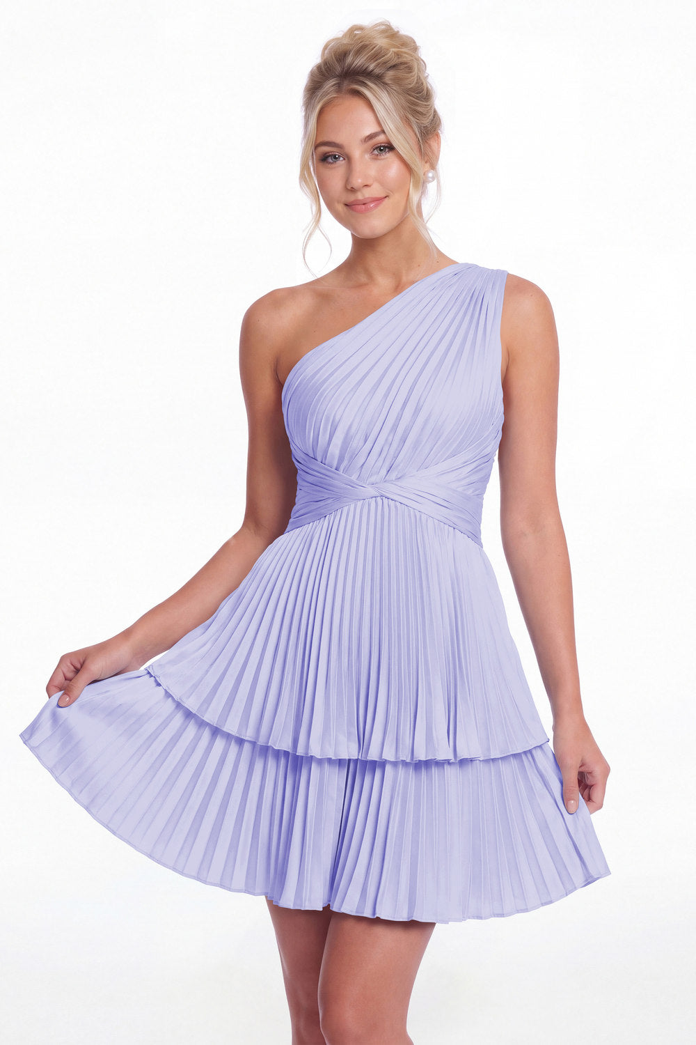 Lavender One Shoulder Pleated Tiered Satin Mini Dress - Front View
