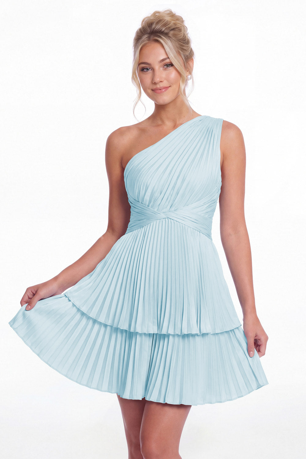 Light Blue One Shoulder Pleated Tiered Satin Mini Dress - Front View