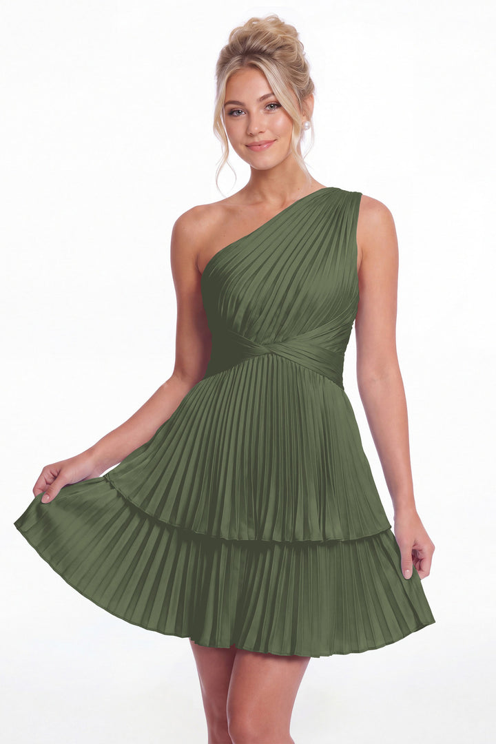 Moss Green One Shoulder Pleated Tiered Satin Mini Dress - Front View