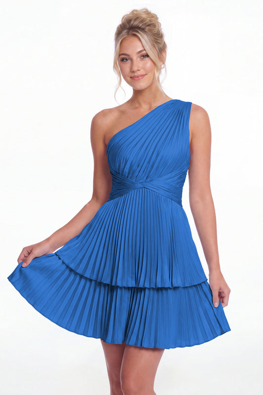 Ocean Blue One Shoulder Pleated Tiered Satin Mini Dress - Front View