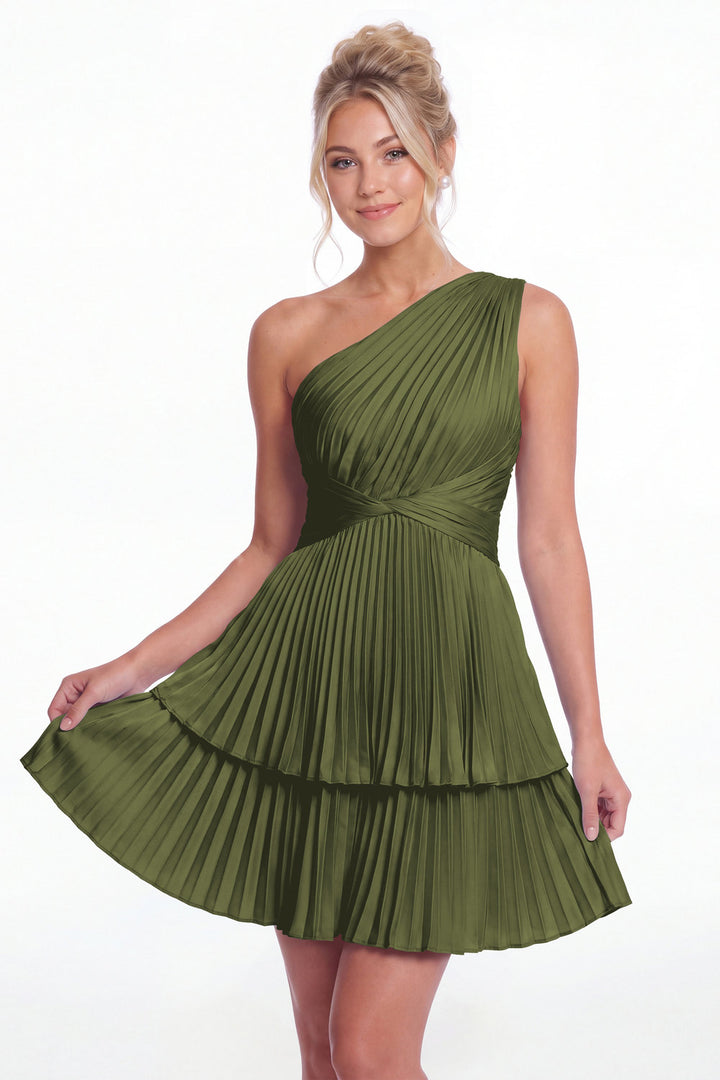 Olive Green One Shoulder Pleated Tiered Satin Mini Dress - Front View