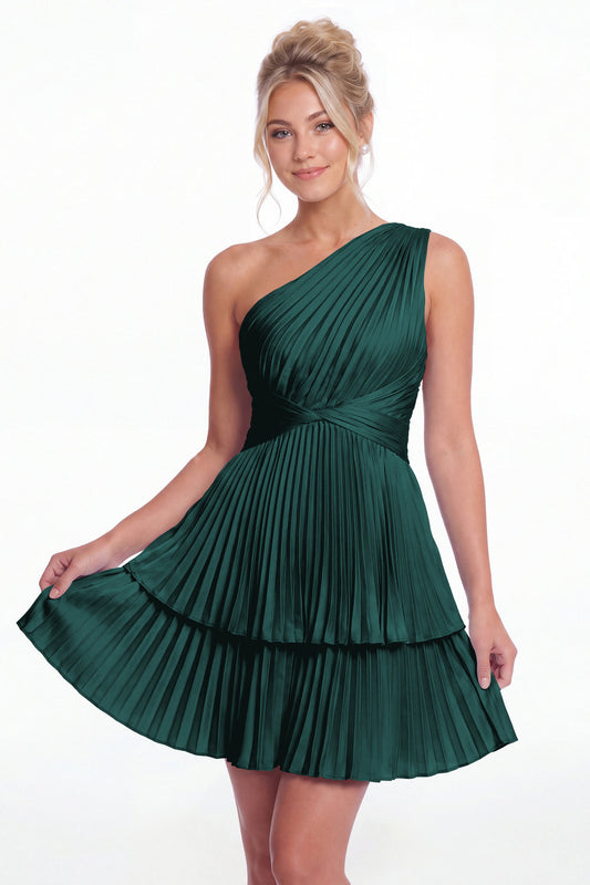 Peacock One Shoulder Pleated Tiered Satin Mini Dress - Front View