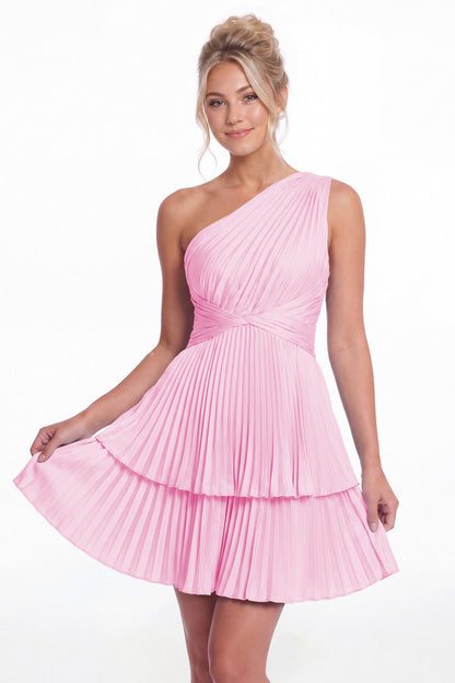 Pink One Shoulder Pleated Tiered Satin Mini Dress - Front View