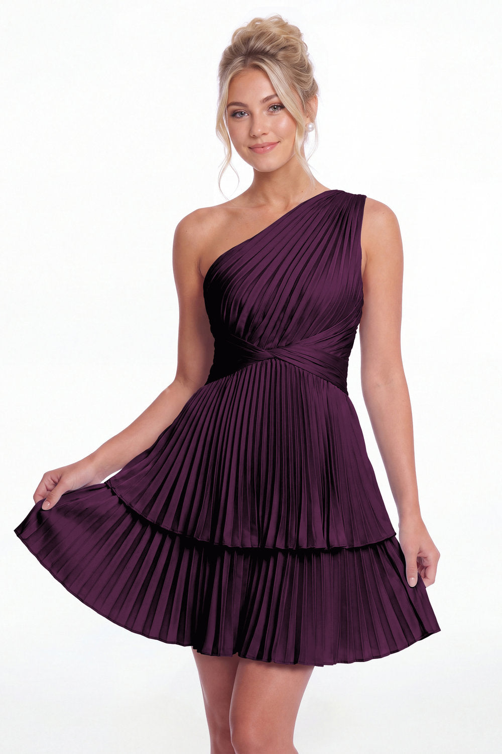 Plum One Shoulder Pleated Tiered Satin Mini Dress - Front View