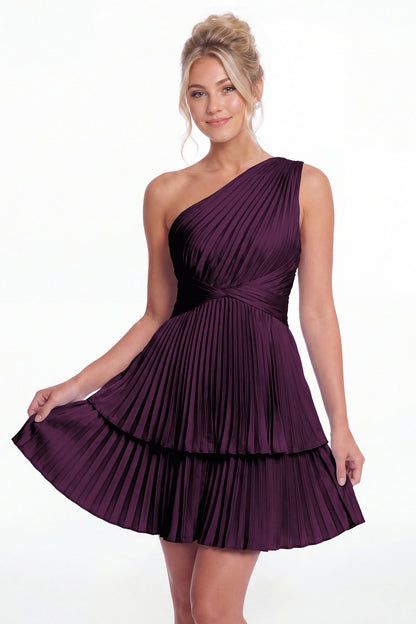 Plum One Shoulder Pleated Tiered Satin Mini Dress - Front View