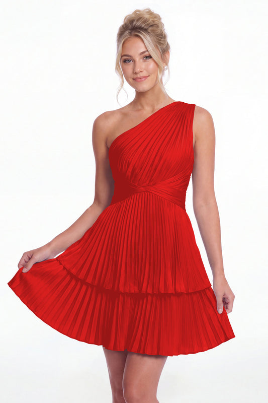 Red One Shoulder Pleated Tiered Satin Mini Dress - Front View