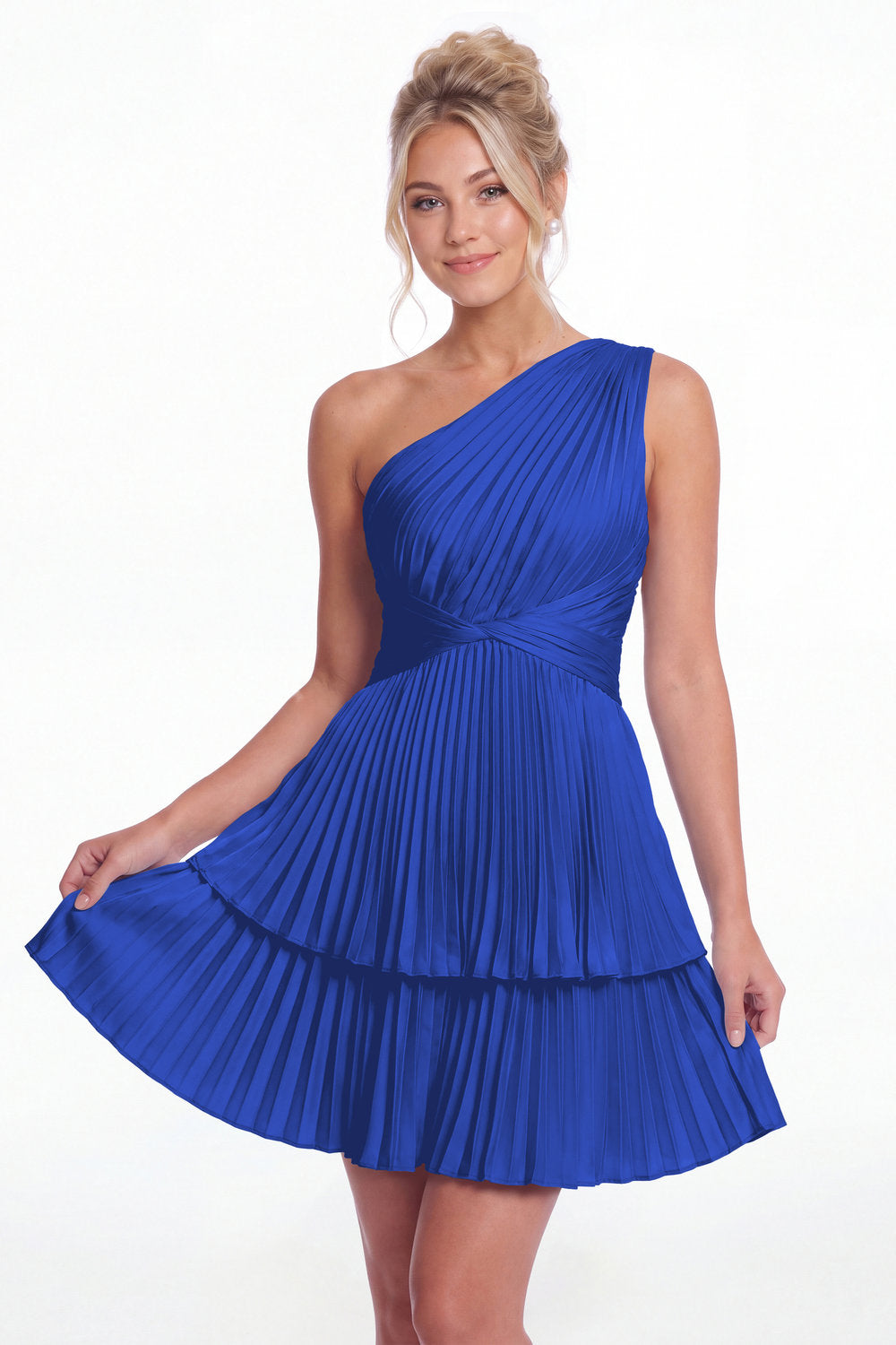 Royal Blue One Shoulder Pleated Tiered Satin Mini Dress - Front View