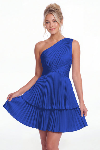 Royal Blue One Shoulder Pleated Tiered Satin Mini Dress - Front View