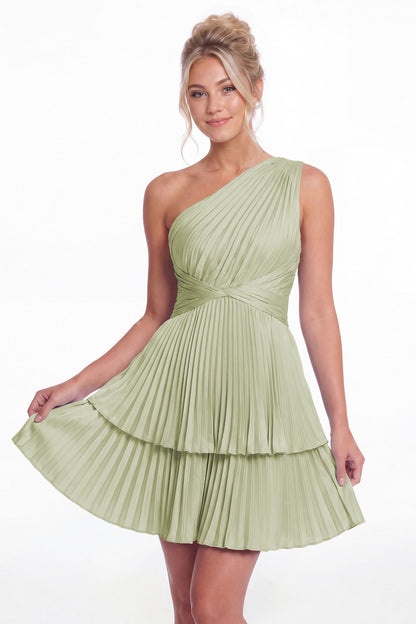 Sage Green One Shoulder Pleated Tiered Satin Mini Dress - Front View